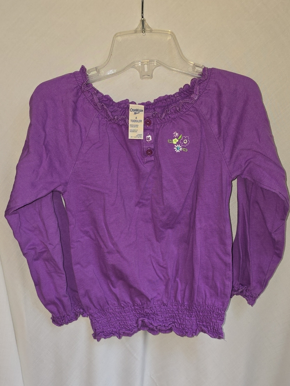 OshKosh B'gosh Purple Long-Sleeve Ruffle Neck Top with Embroidered Flowers